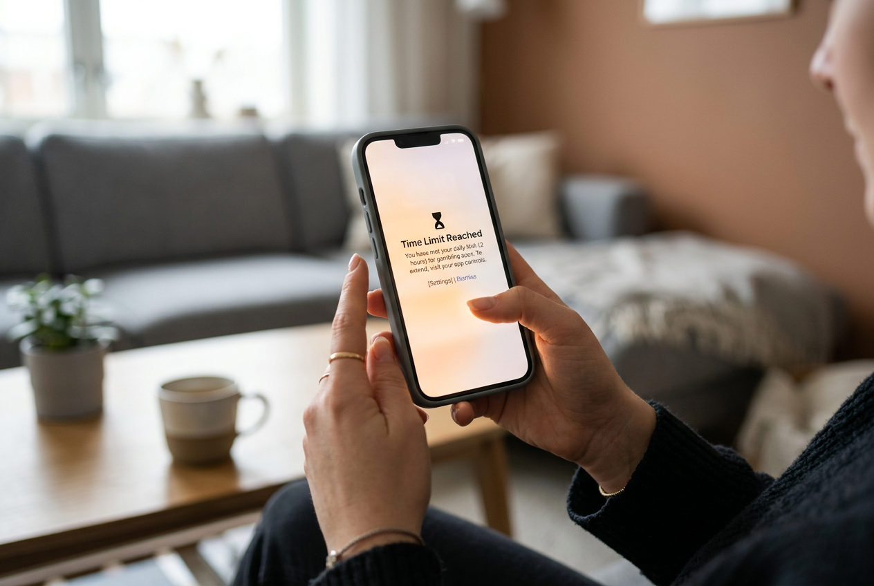 A smartphone showing a responsible gaming time limit notification