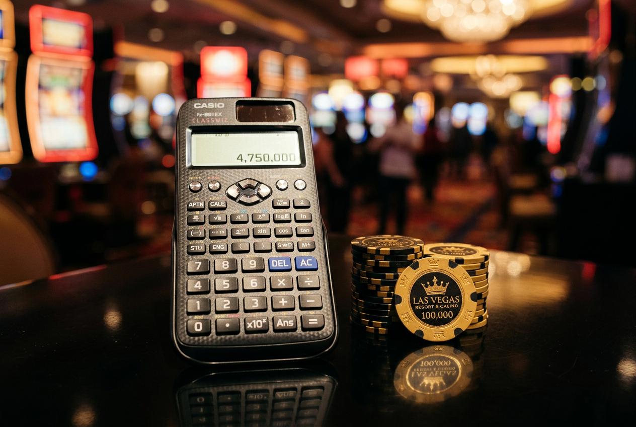 Symbolic image of a calculator and casino chips representing bonus calculations
