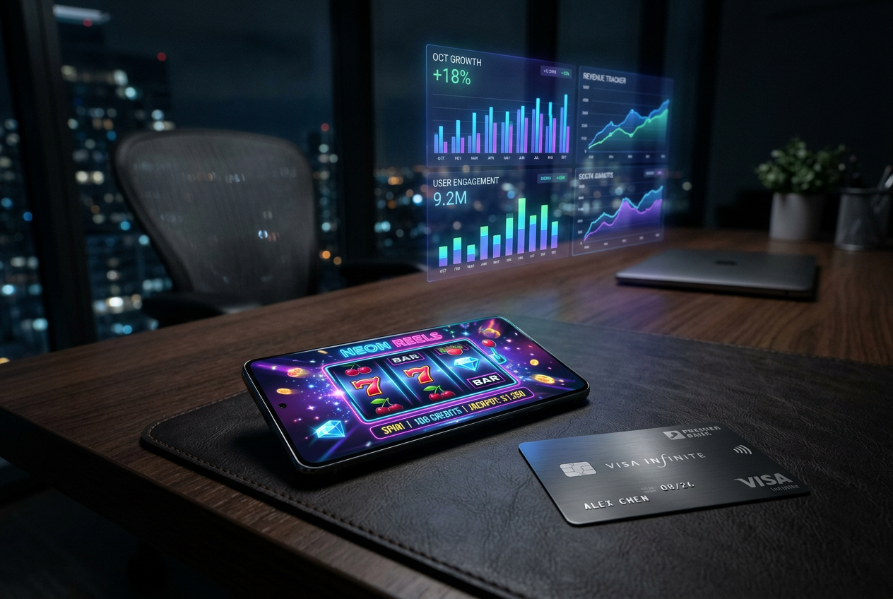 A modern smartphone showing a casino app next to holographic data and a premium card.